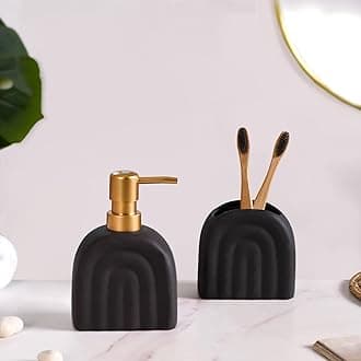 Nestasia Ceramic Bathroom Accessories Set of 2 - Liquid Soap Dispenser & Toothbrush Holder for Wash Basin & Bathroom - Matte Black Bath Set - Perfect for Gifting