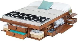 Storage Bed Bali Continental Double (140x200 cm) Caramel - Double bed frame with drawers and shelves, ideal for small bedrooms - Sturdy storage platform bed of solid pine wood - Incl. slatted frame