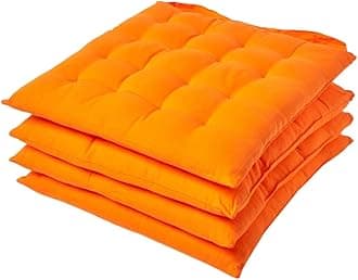 HOMESCAPES Orange Seat Pads for Dining Chair, Set of 4 100% Cotton Chair Pads with Straps, 40x40 cm