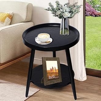 Small Black Side Table, 2-Tier Round Side Table, Mid Century Modern Side Table, Round End Table for Living Room, Metal Frames