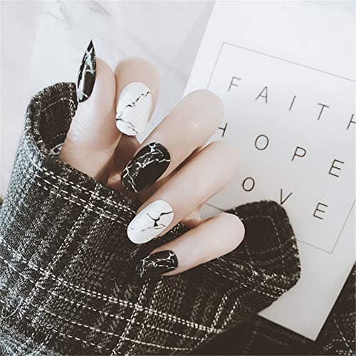 MENILITHS 24pcs Black White INS Marble Texture Glossy False Nails Acrylic Artificial Full Fake Nails Nail Art Tips for Women and Girls
