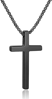 M MOOHAM Easter Basket Stuffers - Cross Necklace for Men Teen Boys, Silver Black Gold Stainless Steel Plain Cross Pendant Necklace Box Chain 16-30 Inch