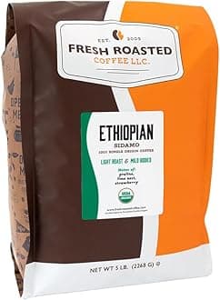 LLC, Ethiopian Sidamo Guji Coffee, Light Roast, Single Origin, Whole Bean, 5 Pound Bag