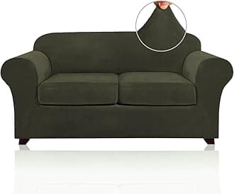 PrinceDeco Velvet Couch Cover Loveseat Covers for 2 Cushion Couch 3 Piece Sofa Covers for Dogs Washable Loveseat Covers Width Up to 72 Inch No Slip Stretch Sofa Slipcover(Medium, Olive)