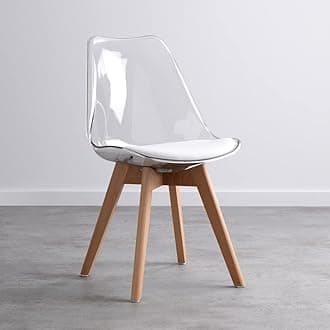 Finch Fox Modern Polycarbonate Transparent Padded Solid Wooden Legs Soft Faux Leather Seat Dining Room Chair for Cafeteria, Side, Restaurant in White Color