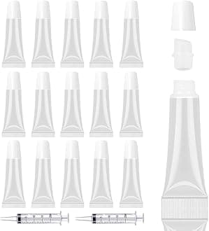 AMORIX 50PCS 10ml Lip Gloss Tubes Clear Empty Lip Balm Containers with White Cap Refillable Soft Cosmetic Squeeze Tubes for Lip Gloss Base Glitter Pigment Powder 2 Syringes + Tag Labels Stickers