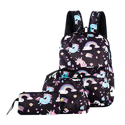 ABage School Bag 3 backpack Set Cute Lunch Bag Pattern Bookbag with Pencil Case for Girls and Boys, Black Unicorn