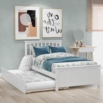 Twin Size Platform Bed with Trundle and Headboard Footboard (White)