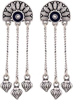 Traditional Oxidised Silver Plating Brass Mandala Half Moon half circle Floral Design Oxidized Long Tassels Dangle & Drop Earrings for Women and Girls