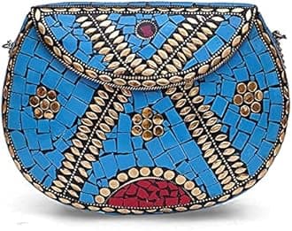 Shakuntala Vintage Clutch - Metal Mosaic Stone & Shell Design Purse - Handmade Women's Handbag