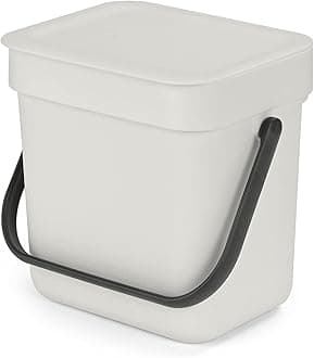 Brabantia Sort & Go Food Trash Can (0.8 Gal/Light Gray) Small Countertop Kitchen Compost Caddy with Handle & Removable Lid, Easy Clean