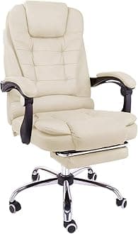 Executive Reclining Massage Office Chair with Footrest - High Back Beige Leather Computer Desk Chair with Adjustable Armrests for Home & Office Use