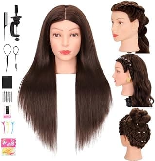 Mannequin Head Human Hair 80% Real Hair Cosmetology Mannequin Head for Braiding Styling Cutting 26-28” Doll Head with Clamp Tools (Brown)