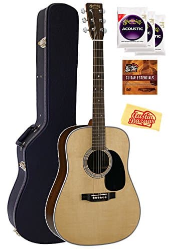 Martin D-28 Acoustic Guitar Bundle with Hard Case, 3 Pack of Strings, Austin Bazaar Instructional DVD, and Polishing Cloth