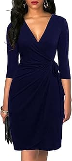 Berydress Women's Classic 3/4 Sleeve V Neck Sheath Casual Party Work Faux Black Wrap Dress