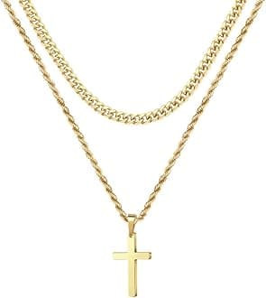Layered Cross Necklaces for Men - 18K Gold Plated Cross Necklaces Chain for Men Boys Gifts, Silver Rope Chain Layered Necklace Jewelry 16 18 20 22 24 Inch