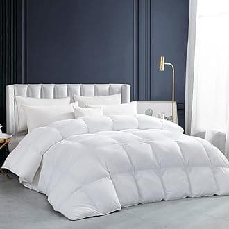 Luxurious White Solid Heavy Weight, Oversized Queen Size Goose Feathers Down Comforter for Winter Weather Duvet Insert, Premium Baffle Box, 100% Egyptian Cotton Cover, 70 oz. Fill Weight
