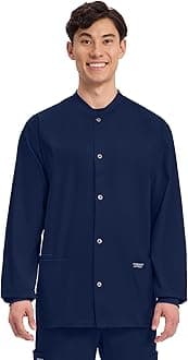 Men’s Scrub Jacket Snap Front Medical with 3 Pockets, Knit Cuffs, Soft Fade Resistant 2-Way Stretch - WW360