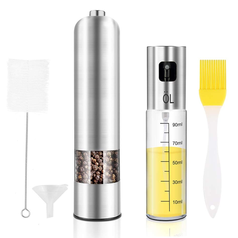 Electric Pepper Grinder Olive Oil Sprayer Cooking Set 100ml Spray Bottle Oil Dispenser Oil & Vinegar Sprayer / Oil Spray Misters and Stainless Steel Salt Grinder Battery Power for Salad BBQ Kitchen