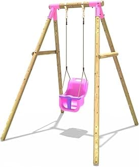 Rebo® Children's Wooden Garden Swing Set - Pluto Pink | OutdoorToys | Pressure Treated Timber, Soft Feel Ropes, Pink Baby Swing, Sturdy Construction for Kids
