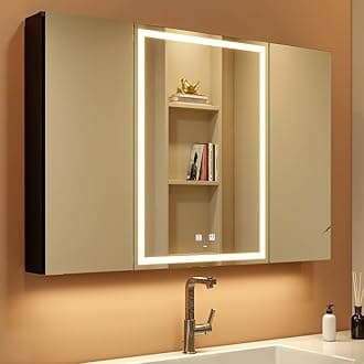 LED Lighted Bathroom Medicine Cabinet with Mirror, Defogger, Dimmer, 3 Color Light Makeup Mirror, Easy to Install, Wall Mounted Medicine Cabinet without Socket & USBs (100 x 70 cm)