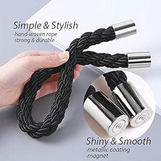 NICEEC 2 Pack Strong Magnetic Curtain Tiebacks Modern Simple Style Drape Tie Backs Convenient Decorative Weave Rope Curtain Holdbacks for Thin or Thick Home & Office Window Draperies (Black)