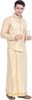 Fashily Men's Traditional Indian Shirt and Dhoti Set, Full Sleeves Tissue Silk Cotton Shirt With Double Dhoti 4 metres for men