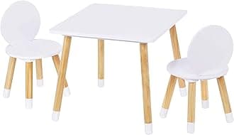 UTEX Wooden Kids Toddler Table and Chair Sets, Baby Childrens Kiddy Activity Play Table with 2 Chairs Set for Boys Girls Natural Wood 3 Piece White