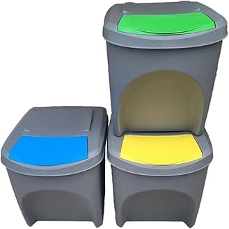Large Stackable Recycling Bins Set of 3x25L (Brand KrysGo) - Customizable Lids with Recycling Stickers - Waste Sorting for Home, Kitchen, Office (Grey + Multi Coloured)