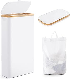 Fiona's magic Slim Laundry Hamper with Lid, 63L Narrow Laundry Basket with Removable Bag, White Collapsible Dirty Clothes Basket, Thin Tall Storage Basket for Bathroom, Bedroom