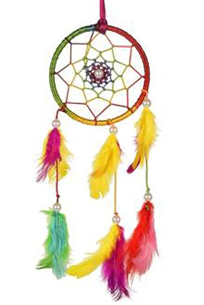 ILU Down & Feather-Fill Wall Hanging Car Front Mirror Hanger Handmade Beaded Car Accessories Size 8 cm Diameter Multicolour, Feather