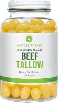 Antler Farms 100% Pure New Zealand Beef Tallow, 200 Softgels, 500mg - Grass Fed, Pasture Raised, Top Grade, Purified and Filtered, Natural Beef Tallow