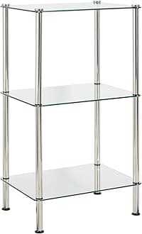 mDesign Bathroom Floor Storage Rectangular Tower, 3 Tier Open Glass Shelves - Compact Shelving Display Unit - Multi-Use Home Organizer for Bath, Office, Bedroom, Living Room - Clear/Chrome Metal