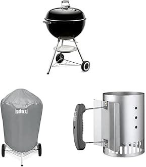 Weber Original Kettle 22-Inch Charcoal Grill & 22 Inch Charcoal Kettle Grill Cover & Rapidfire Compact Chimney Starter