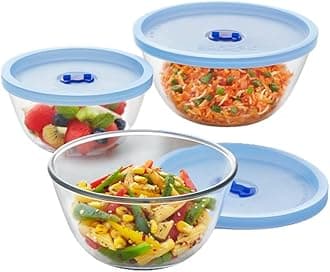 Borosil Glass Mixing & Serving Bowls With Blue Lids, Oven & Microwave Safe Bowls, Set of 3 (500 ml, 900 ml, 1.3 L), Borosilicate Glass, Clear