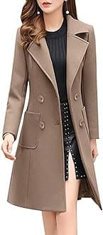 Women Winter Wool Blend Camel Mid-Long Coat Notch Double-Breasted Lapel Jacket Outwear