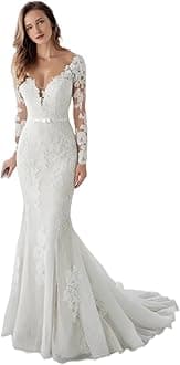 Mermaid Wedding Dresses for Bride Lace Beach Tulle Applique V-Neck Boho Bridal Dress for Bride with Train