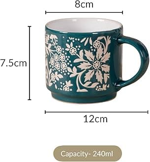Nestasia Stackable Ceramic Cups Set of 4 (240 ml Each) | Microwave & Dishwasher Safe Tea & Coffee Cups with Glossy Finish | Ideal for Gifting (Floral Green)
