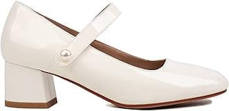 NaiyeeMary Jane Shoes Women, Patent Leather Low Chunky Heels Closed Round Toe Pumps Office Work Wedding Dress Shoes with Velcro Ankle Strap