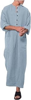 Kaftan Thobe Mens Short Sleeve V-Neck Linen Robe Big and Tall Muslim Robe Casual Loose Lightweight Long Sleeping Gown