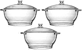 IndusBay® 1500ml Toughened Glass Microwave Dishwasher Safe Pot Serving Bowl Casserole with Lid Glass Serving Bowl (Clear, Pack of 3)