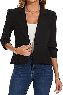 Womens Elegant Blazer Peplum Style Blazers Button Jackets Puff 3/4 Sleeve Ladies Suits Casual Notched Lapel