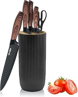 KAPEICamper Kitchen Knife Set,6-Pieces Sharp Knife Set for Kitchen, Non-Stick Non-Slip Stainless Steel Chef Knife Set with Universal Knife Block Suitable for Home Restaurant (Wood Grain Black)