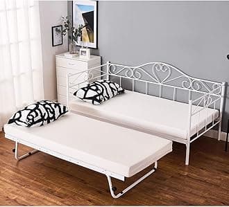 Panana Single Day Bed Metal Guest Bed Frame Sofa Bed with Pull Out Guest Trundle Bed (White, Daybed+Trundle)