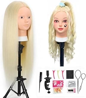 Opini Mannequin Head with 80% Real Human Hair Cosmetology Hairdresser Mannequin Doll Head for Practice Hair and Makeup (#613 Blond No makeup)
