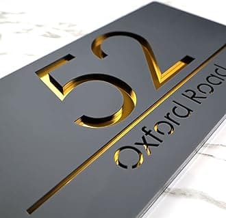 K Smart Sign | Bellisima H3 F31 | Matt Dark Gray Personalised House Sign Laser Cut 3d Door Numbers Street Address Grey Number Signs Plaque | 300mm x 160mm (Matt Dark Gray & Gold Mirror)