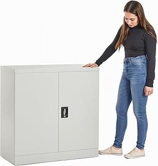 MMT Office Storage Cabinet, Metal Office Storage Cupboard with Lock, 2 Door Filing Cabinet 2 Adjustable Shelf, Garage, Workshop, Pantry Utility Cupboard, Powder Coated Grey, 80cm Wide