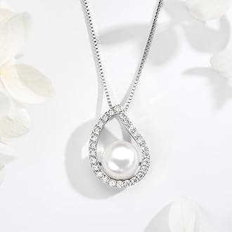 DENGGGUANG Freshwater Pearl Pendant Necklaces for Women, Sterling Silver Infinity Single Pearl Necklace with Shiny Moissanite Wedding Jewelry Gift for Bride Bridesmaid