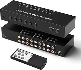 6Port AV to HDMI Converter RCA/Composite/CVBS to HDMI Adapter Support 16:9/4:3 Switch for Wii/N64/PS1/PS2/PS3/VHS/VCR/DVD Players etc (6Port RCA in to 1 HDMI Converter with IR Remote)
