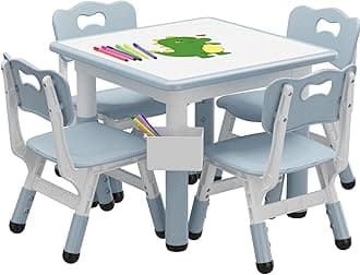 GAOMON Kids Table and 4 Chairs Set with Graffiti Desktop, Height Adjustable Toddler Table and Chairs Set, 4 in 1 Children Play Table for Reading, Drawing, Playing, Eating